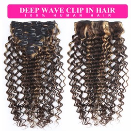 Deep Wave Clip-In Hair Extensions, Real Hair, Highlights, Glue-Free Hair Extensions for Women, 120 g, Curly Hair, #4/27 Blonde Wear and Go, 8 Pieces, Double Wefts, Seamless Clip Ins, 55 cm / 22 Inches
