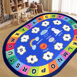 USTIDE Large Oval Kids Rug Carpet Educational Classroom Rug 5x7Ft,ABC Alphabet Numbers Weather Learning Rug Non-Slip Play Mat Learning Area Rug for Bedroom Playroom Rug Decor