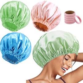 Shoonlo Gorros de Baño 3 Paquetes, Gorra de Baño EVA Impermeable Dobles, Gorro para Dormir Mujer Ajustable, Gorra de Bano Mujer Reutilizable para Baña