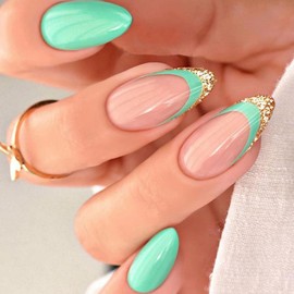 MERVF Green French Tip Press on Nails Medium Fake Nails Glitter Almond Glue on Nails Press ons with Design Glossy 24pcs Stiletto Acrylic Nails Artificial Luxury False Nails