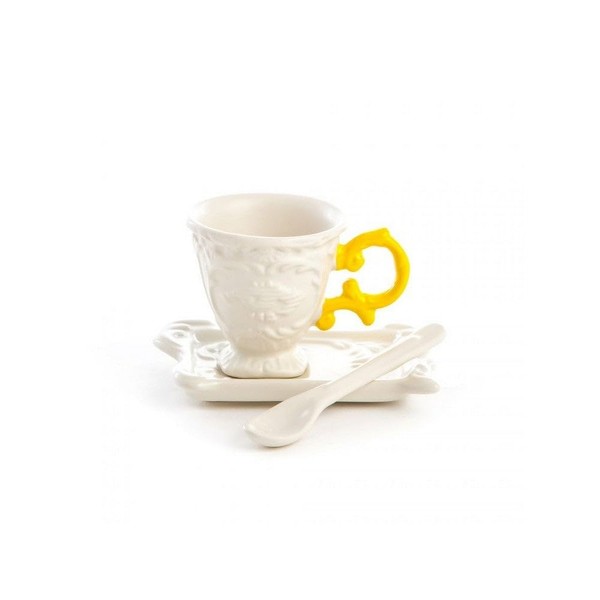 Seletti I-Wares Coffee Set with Coloured Handle, Porcelain, White/Yellow