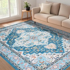 WILLSUN Washable Area Rugs, 5x7 Non-Slip Boho Large Area Rugs for Living Room, Bedroom, Machine Washable Vintage Rug, Indoor Floral Print Carpet for Home Decor, Kid & Pet Friendly Mat