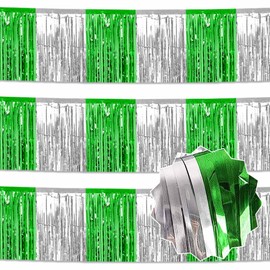 3 Pack 10 Ft Silver Green Tinsel Foil Fringe Garland, Metallic Streamers Banner Wall Hanging Garland for Parade Floats, Photo Booth, Halloween, Christmas, New Year, Celebration Party Decorations