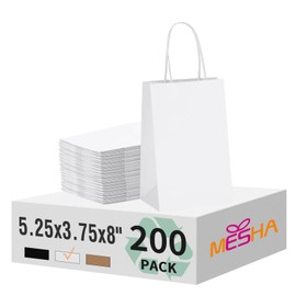 MESHA Gift Paper Bags 200 PACK 5.25x3.75x8'' White Small Shopping Kraft Bags Bulk with Handles Reusable for Business,Grocery,Birthday,Wedding,Kids Party,Favors
