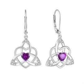 FJ Heart Celtic Knot Earrings 925 Sterling Silver Dangle Drop Leverback Earrings Amethyst February Birthstone Earrings Irish Good Luck Jewellery for Women