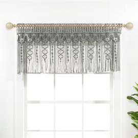 Lush Decor Boho Macrame Textured Cotton Valance, 50" W x 20" L, Gray - Boho Kitchen Curtains & Wall Decor - Macrame Valance - Bathroom Window Curtains