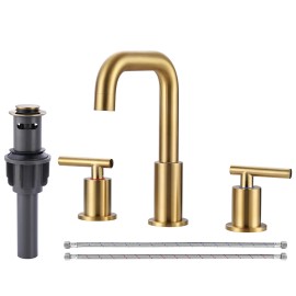 8 inch Widespread Bathroom Faucet with Drain and Supply Hose, Brushed Gold Lavatory Faucet for Sink 3 Hole Bathroom FaucetColor: Black, Surface Finishing: Stainless Steel