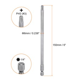 sourcing map 10pcs #3 Phillips Screwdriver Bit PH3 1/4" Hex Shank 6" (150mm) Long Magnetic S2 Steel Industrial Grade Screw Driver Bit Cross Head Electric Drill Bits 0.236" (6mm) Rod