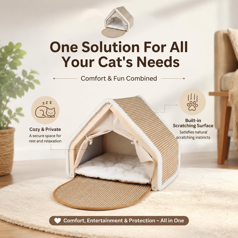 Large Wood Cat House for Indoor Cats - Cute Cat