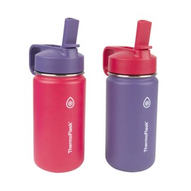ThermoFlask Kids Bottle with Straw Lid - Durable & Dishwasher-Safe Water Bottles & Lids - Leak-Proof Bottle Lid Design - Reusable Water Bottles for Everyday Use - 14 oz, Punch/Eggplant (2 Pack)