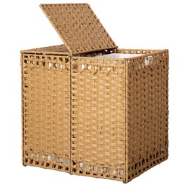 170L Foldable Laundry Hamper with Lid - Handwoven Rattan Storage Basket, 2-Section Clothes Hamper w/2 Removable Liner Bags, Easy Assembly, Portable for Bedroom Bathroom Dorm,Natural