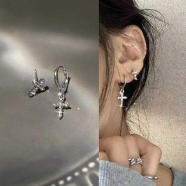TseenYi CZ Cross Huggie Earrings Silver Cross Drop Huggie Earrings Small Cross Stud Earrings Mini Cross Earrings Cross Small Hoop Huggie Earrings Jewellery for Women and Girls Gifts