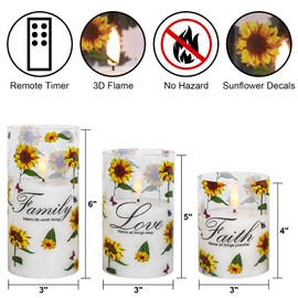 Eldnacele Glass Flameless Candles with Remote and Timer, Battery Operated 3D Wick Flickering Sunflower Decals LED Pillar Candles 3 Pack for Dinner Wedding Spring Holiday Decor (D3×H4/5"/6")