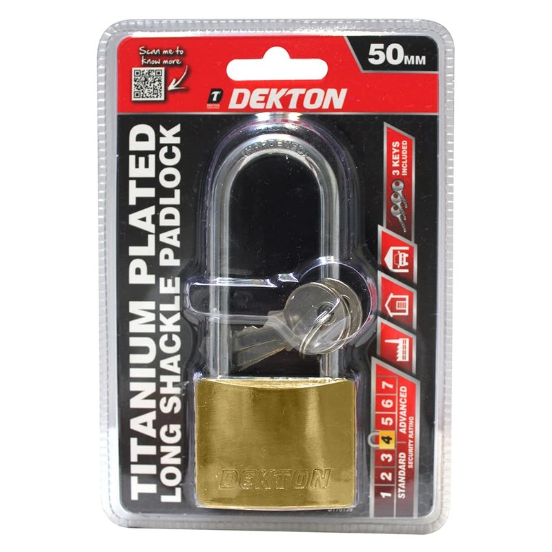 Dekton DT70139 50MM Long Shackle Titanium Plated Iron Padlock, Bronze