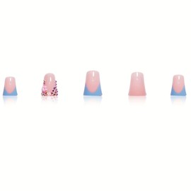 Duck Nails Press on Blue French Tip Press on Nails with 3D Flower,Rhinestone Design - Cute Fake Nails Reusable Acrylic Nails Glossy Full Cover Artificial Stick on Nails for Women Manicure 24 Pcs