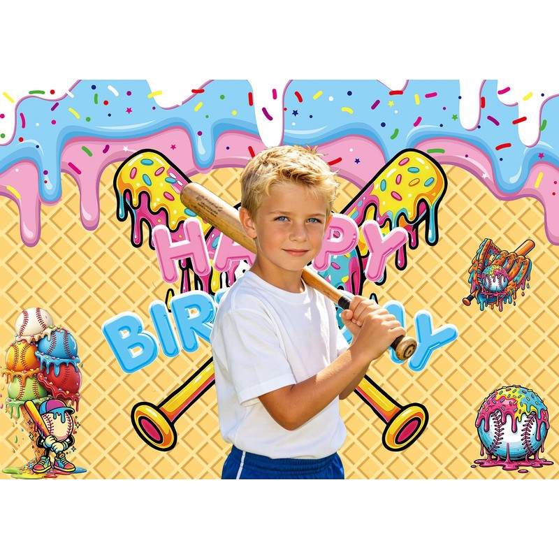 INRUI Ice Cream Drip Baseball Birthday Photography Backdrop 6x4FT