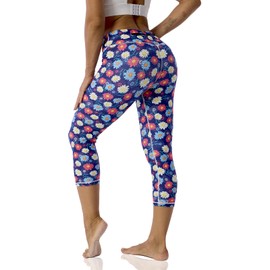 UIUO-UIPEU Capri Leggings with Pockets for Women Butt Lifting Leggings Printed Workout Yoga Capris Tummy Control Colourful Daisies Large