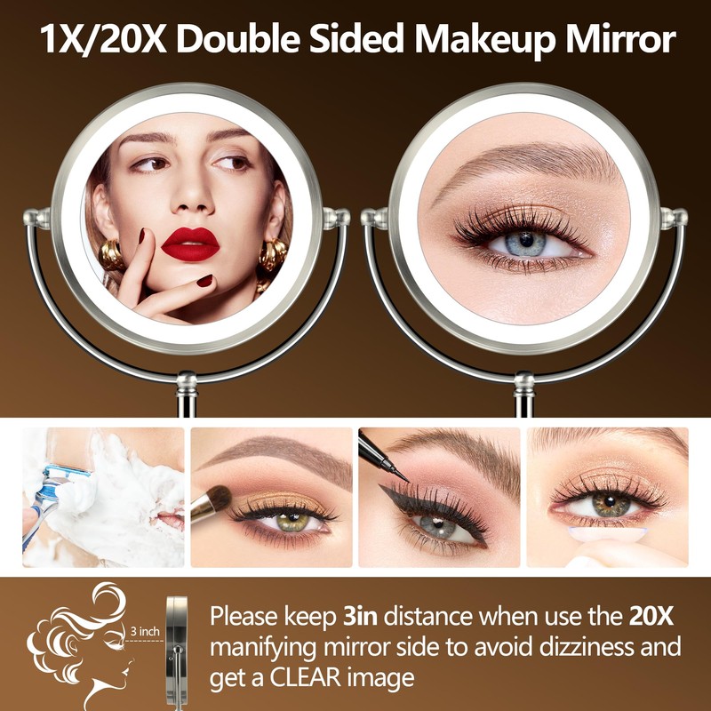 20x Large Lighted Makeup Mirror, Rechargeable 8.6" Magnifying Makeup Mirror,
