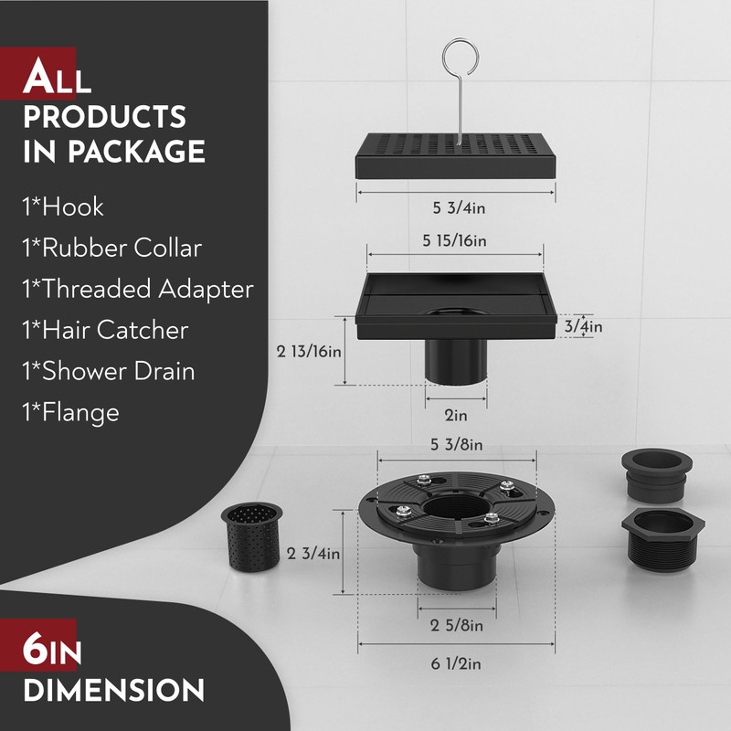 WEBANG 6 Inch Square Shower Drain Black Floor Drain with