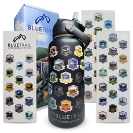 BlueTrail 50 States Water Bottle with Stickers - 32 oz Insulated Stainless Steel, Upgraded Leak-Proof Lid, UV & Waterproof Permanent Stickers, Laser Engraved 50 States of the USA