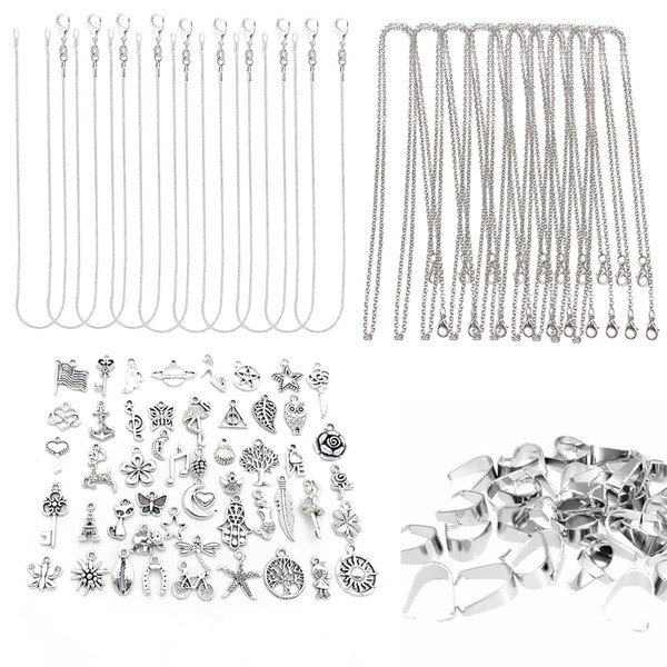 BOSOIRSOU 70 pcs 1mm 1.2mm Snake Chain Necklaces and Pendants, 20 pcs Stainless Steel and Alloy Italian Chain Classic Cable Chain Mens Womens with 50 pcs Charms, 18-21in