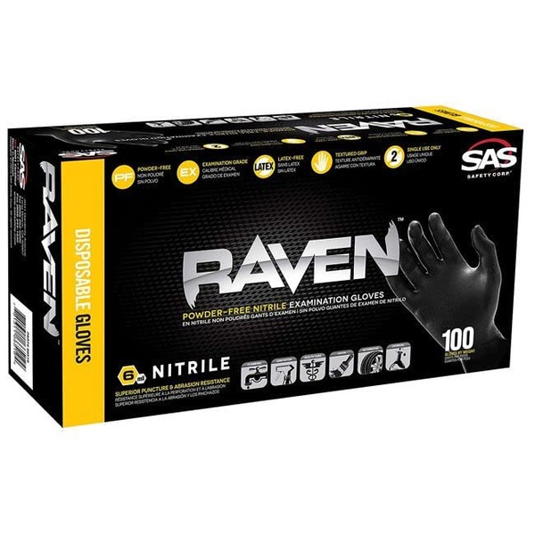SAS Safety 66518 Raven Powder-Free Disposable Black Nitrile 6 Mil
