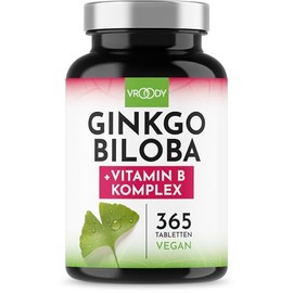 Vroody Vegan Ginkgo Biloba Extract 6000mg high dose - with vitamin B12 helps reduce fatigue and tiredness - small tablets that are easy to take