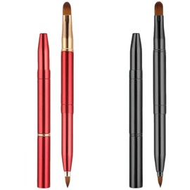 Lip Brush for Lipstick - ShiningUU 2pcs Lip Brushes Set, Double Ended Retractable Lipstick Wands with Cap, Reusable Lip Applicators for Lips Gloss & Eyeshadow (Black + Red)