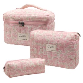 Quilted Makeup Bag, Large Capacity Travel Cosmetic Bag for Women and Girls, Aesthetic Storage for Daily and Travel Use (3pcs-Pinkditsyfloral)