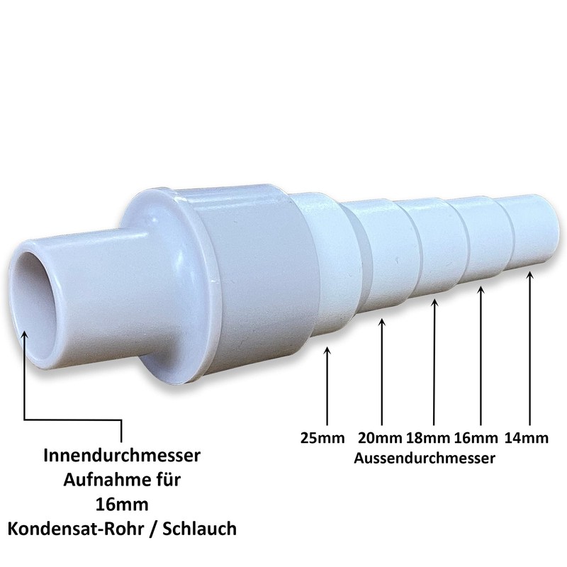 Adapter for condensate pipes. Diameter 16 mm condensate hose with