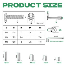 Pack of 20 Flat Head Screws M5 x 12 Torx M5 Stainless Steel Rounded Head Screws M5 A2 V2A Countersunk Screws M8 Full Thread Machine Screws with Torx Key