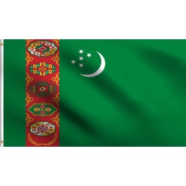 DMSE Turkmenistan Turkmen Türkmenistanyň baýdagy National Flag 3X5 Ft Foot 100% Polyester 100D Flag UV Resistant (3' X 5' Ft Foot)