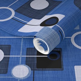 Removable Wallpaper 12ft x 2ft - Orbs Squares Blue Vintage Fifties Atomic Pattern Mod White Retro Custom Pre-Pasted Wallpaper by Spoonflower