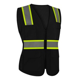 LIZMOF Black Safety Vest for Women, High Visibility Reflective Vest, Neon Hi Vis Construction Apparel with Pockets and Zipper, Durable, ANSI Compliant, Black, S