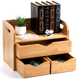 Hacaroa 3 Tier Bamboo Desktop Organizer with 3 Drawers, Mini Tabletop Craft Box Cosmetic Storage Drawer with Handle, Portable Desk Letter Mail Sorter for Office Supply, Toiletries