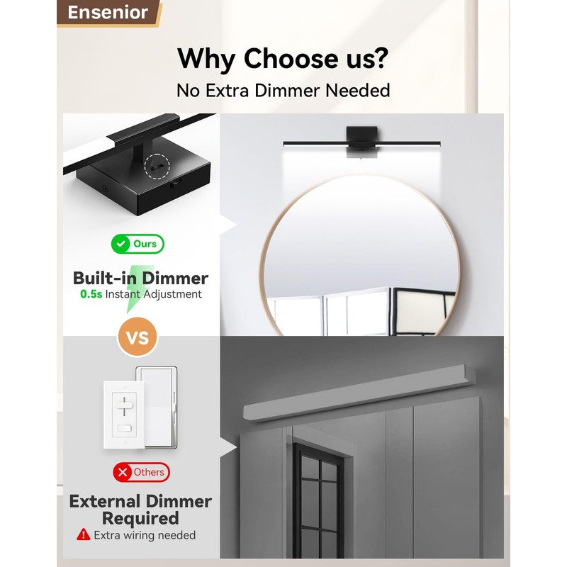 Ensenior Modern Bathroom Vanity Light 24 inch, Built-in Dimmer, 14W