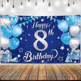 KatchOn, XtraLarge Blue and Silver Happy 8th Birthday Banner - 72x44 Inch | 8th Backdrop for Happy Birthday Decorations | Blue and Silver Party Decorations