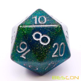 Bescon Glitter Jumbo D20 38 mm, Big Size 20 Sides Dice Glitter Turquoise Green, Big 20 Faces Cube 1.5 Inch
