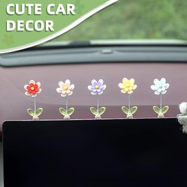 5 Pcs Daisy Cute Car Decor for Women,Mini Resin Flower Rear View Mirror Accessories with Spring Funny Decorations for Car Interior Computer Desk Dashboard Ornament (Six-Petal Flower, one Size)