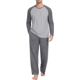 PrinStory Men's Pajama Set Sleepwear Pjs Lightweight Long Sleeve Crewneck Shirts and Bottoms Soft Comfy Sleep Sets Dark Gray US L