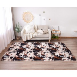 Aimuan Cow Print Area Rug Cute Fluffy Faux Cowhide Rug Super Soft Shaggy Carpets Tie-Dye Rugs for Living Room Bedroom Girls Kids Room Nursery Home Decor Non-Slip Mat (Coffee-Black, 4x6)