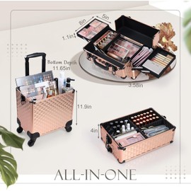 veliz profesional 3 en 1 con ruedas de rotación de 360° para Makuep, organizador de maletas cosméticas, con cerradura y llave de diamante, Oro rosa, 13.8 x 9.3 x 26.6 inches, Estuche de