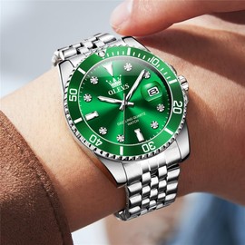 OLEVS Mens Watches Luxury Business Analog Quartz Watches for Men with Stainless Steel Dress Date Waterproof Luminous Wrist Watches, 9809 Silver Green, round, Luxury watches
