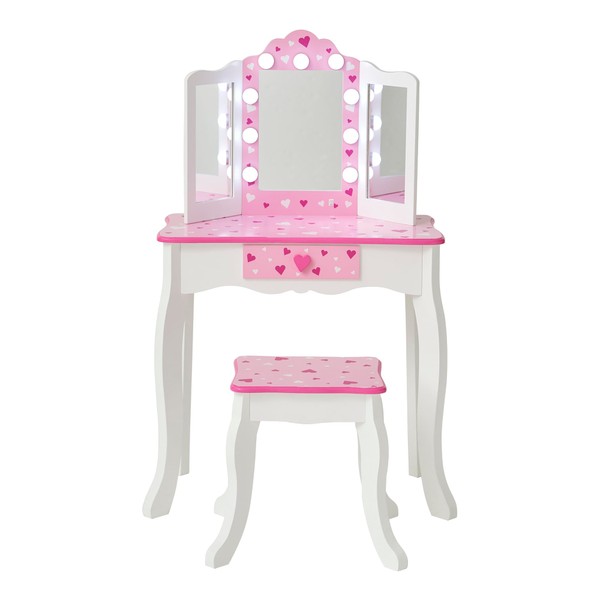 Teamson Kids Little Princess Gisele Sweethearts Print Kids Vanity Set with Matching Stool, Tri-fold Mirror with Glamour LED Lights + Storage Drawer For 3yr and up, Pretend Play House, Salon White/Pink