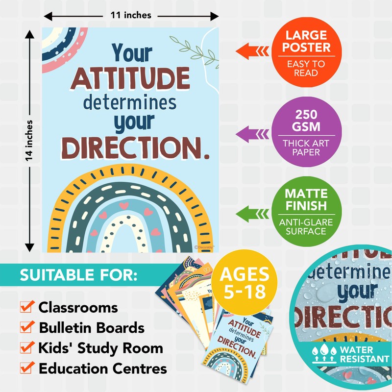 Decorably 15 Boho Rainbow Motivational Classroom Posters, 11x14in Matte-Laminated Inspirational