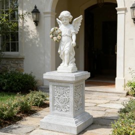 Elegant Floral-Carved Resin Pedestal Stand, White Garden Statue/Pot Base, Versatile Indoor/Outdoor Display ColumnColor: As picture, Size: One Size