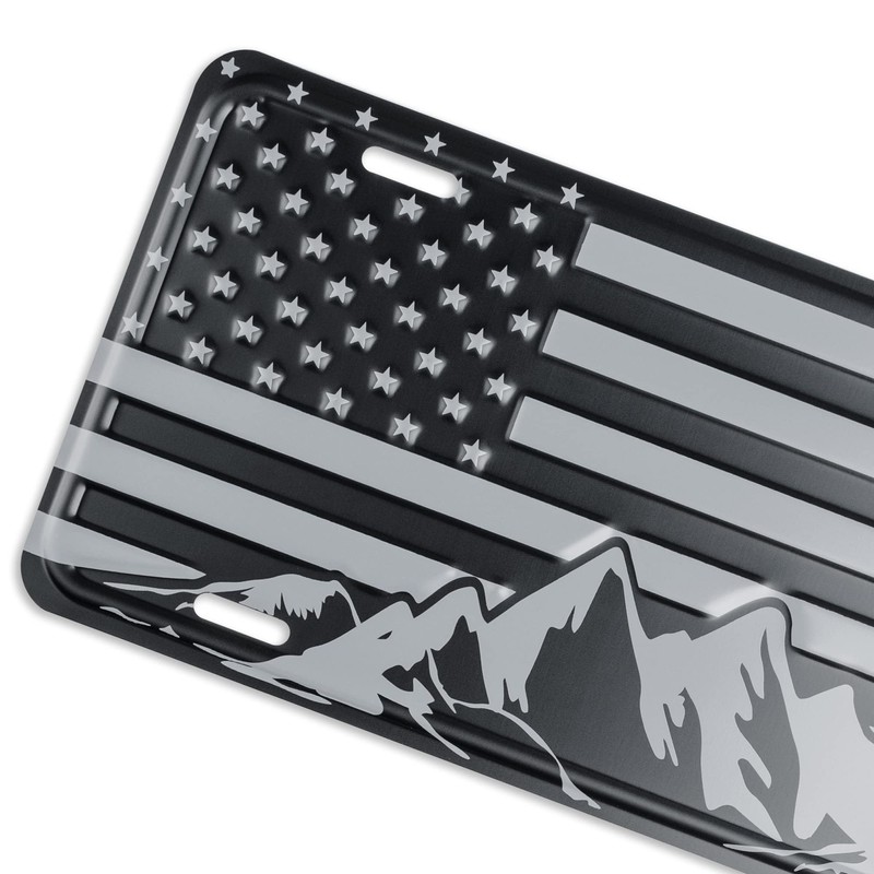 American Flag with Mountains License Plate. Embossed 3D Aluminum (Grey