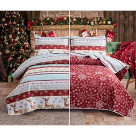 Christmas Quilt Set Full/Queen Size Lodge Moose Reindeer Xmas Bedspread Coverlet Lightweight Cabin Elk Quilts Red Green Rustic Deer Bedding Holiday Xmas Home Decor with 2 Pillow Shams