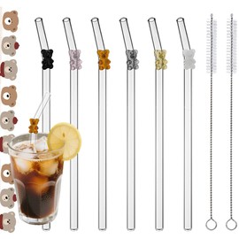 ZRLABL Reusable Glass Straws - 8" x 8 MM, Set of 6, Clear Glass Drinking Straws for Beverages (Red, Normal-6 PC Straws & 2PC Cleaning Brush) (Bear)