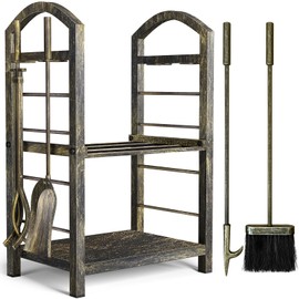 Amagabeli Fireplace Log Rack with 4 Tools 74 x 40 x 30 cm Fireplace Tool Set Large Capacity Firewood Rack Firewood Holder for Indoor and Outdoor Use Bronze